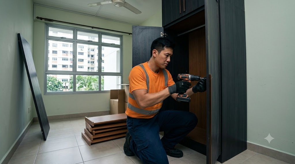 A mover dismantling a full-height wardrobe in an HDB bedroom