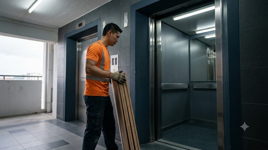 A mover in a hi-vis amber shirt carrying flat wardrobe panels into an HDB lift after dismantling in Singapore