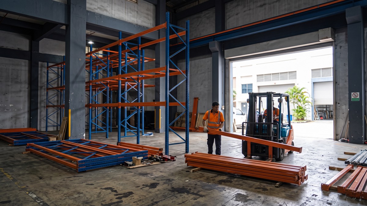 A worker dismantling pallet racking beams in a Singapore warehouse with a forklift in the loading bay