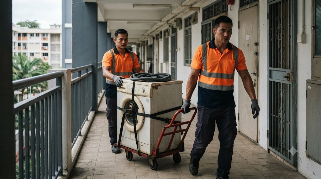 Two movers in hi-vis amber shirts wheeling an old front-load washing machine along an HDB corridor on a trolley in Singapore